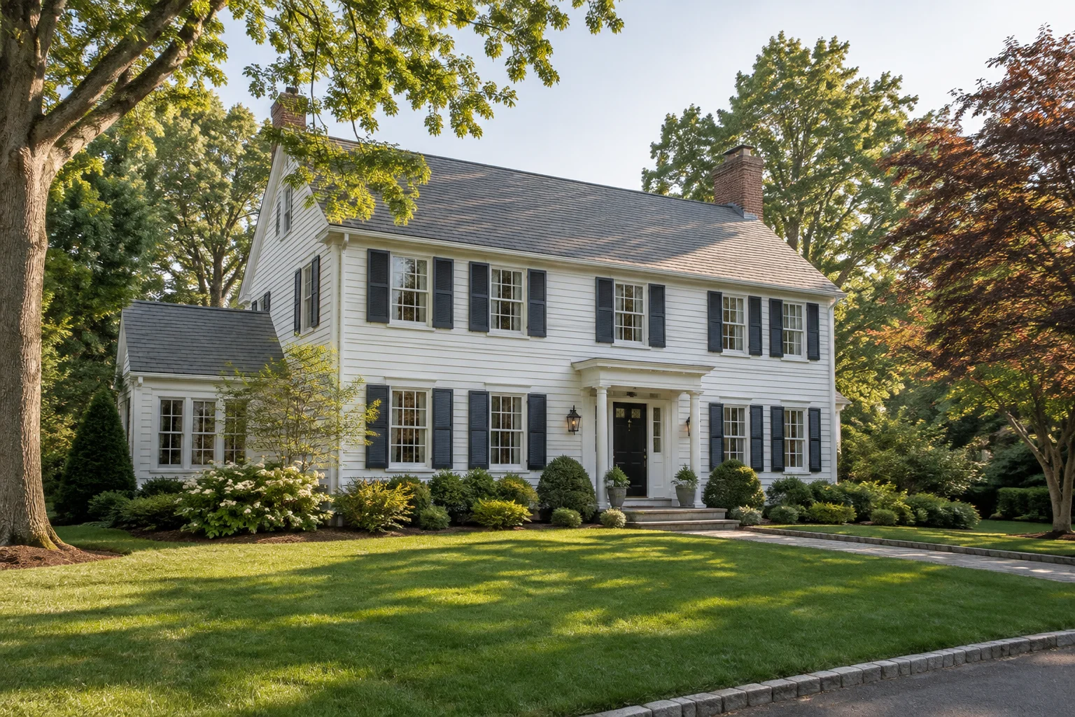 Illustrative colonial-style home with mature landscaping